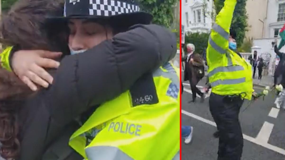 İngiltere'de polis memuru, durdurmak için gittiği Filistin yanlısı protestoculara katıldı